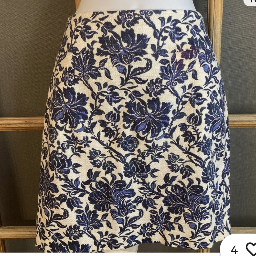 Ann Taylor Blue and Cream Floral Jacquard Mini Skirt